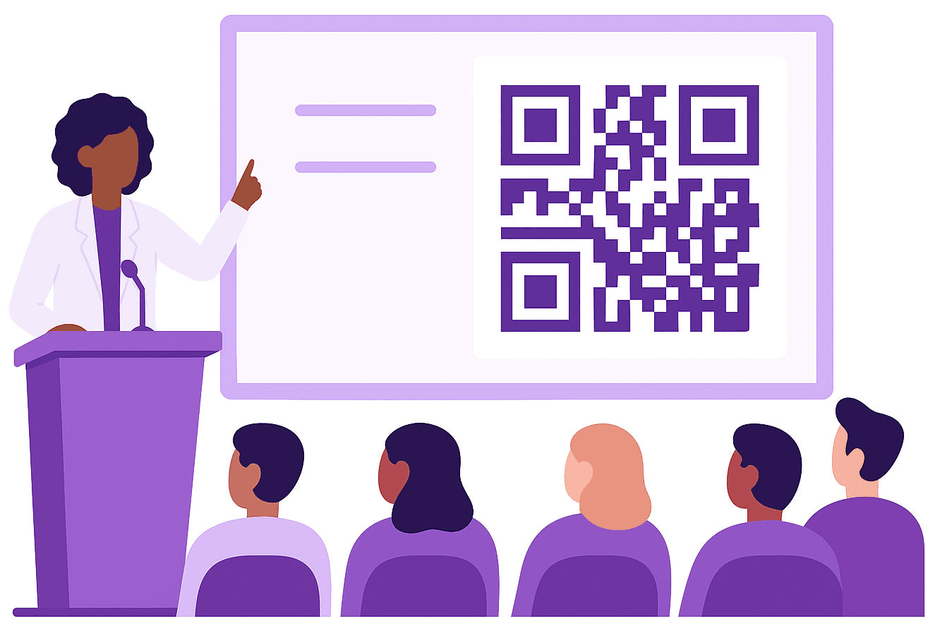 Apresentador mostrando QR Code para a plateia